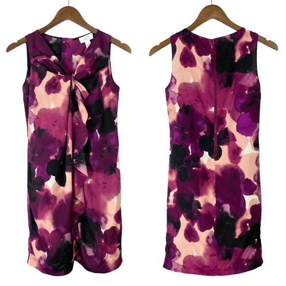 Ann Taylor Loft | Purple Pink Watercolor Ruffle Center Sleeveless Shift Dress - Picture 1 of 6
